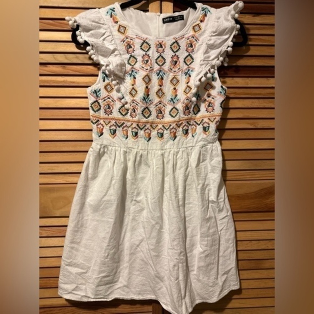 Shein, white dress w/ multicolor embroidery, tassels, size x-small